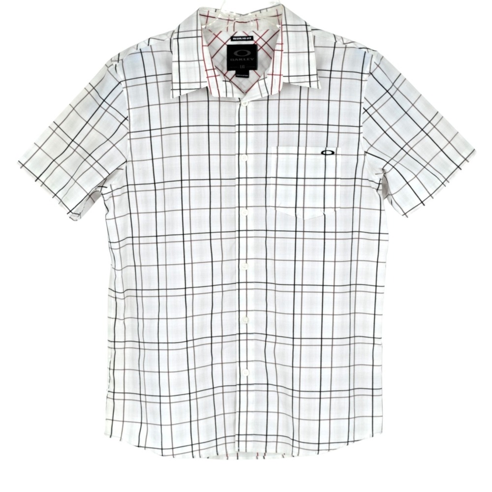 Oakley Men's L Regular Fit Button Front Windowpane Shirt White Brown Black